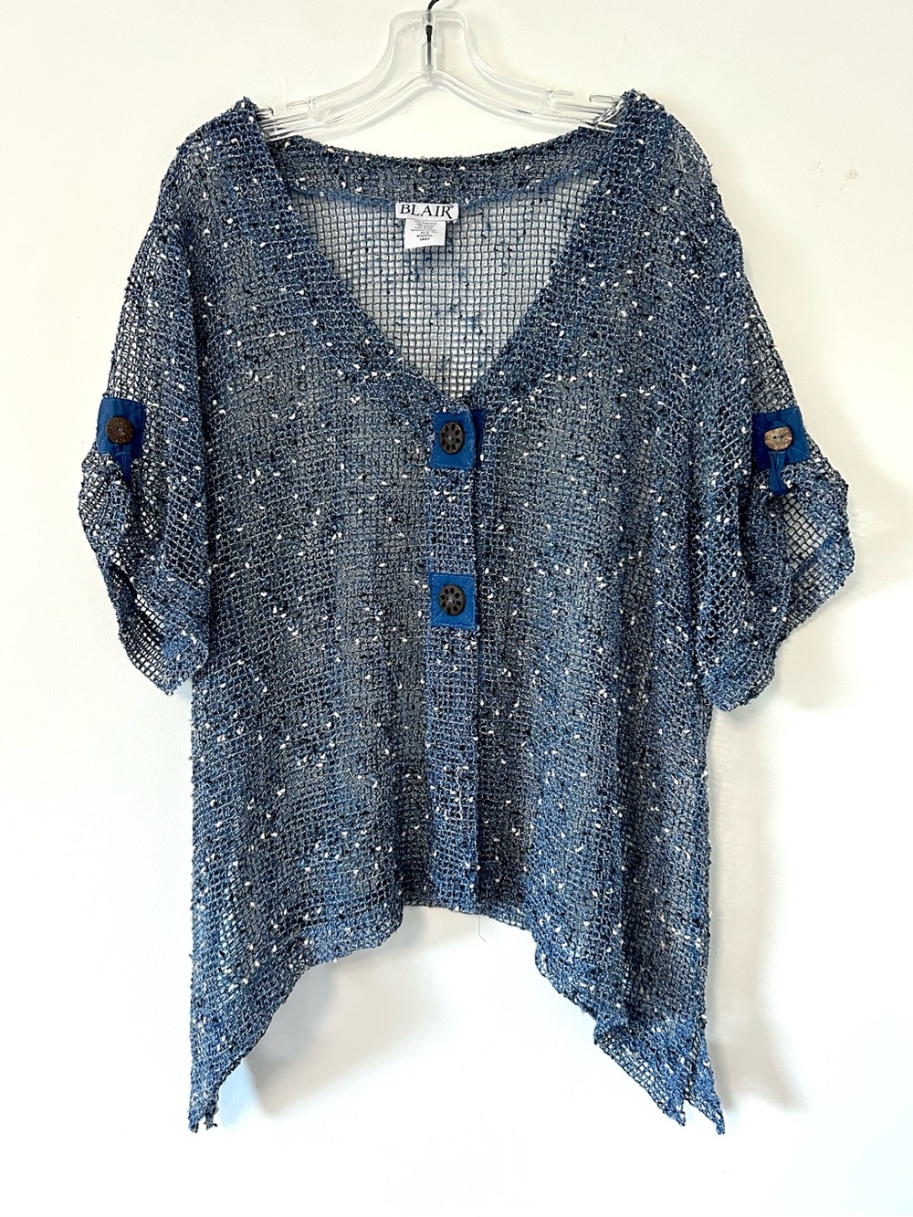 Blair Blue Open-Knit V-Neck Mesh Cardigan